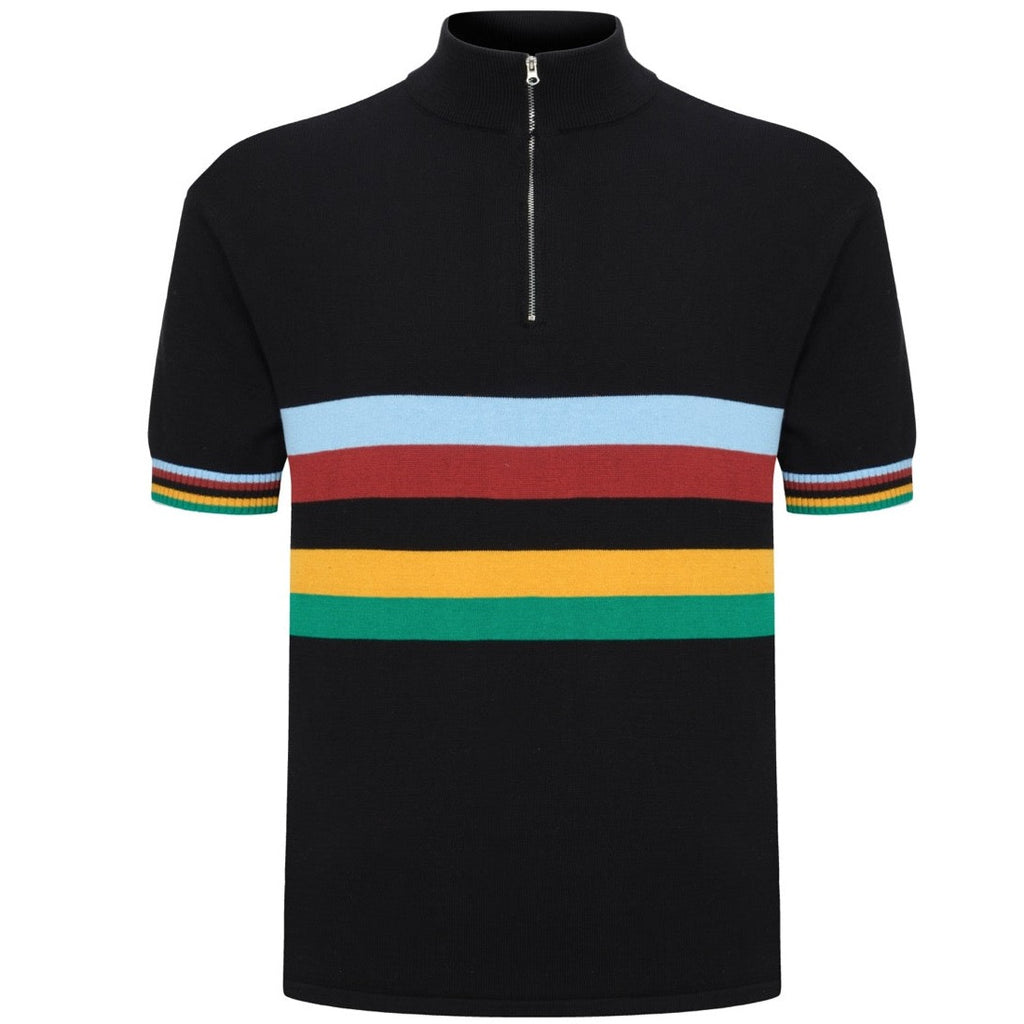 Men's Black Cycling Knitted T-Shirt with Chest Rainbow Stripe, L