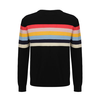 OXKNIT Men Vintage Clothing 1960s Mod Style Casual Rainbow Striped Chest Print Black Retro Sweater