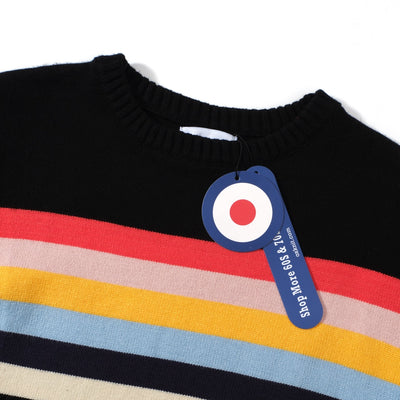 OXKNIT Men Vintage Clothing 1960s Mod Style Casual Rainbow Striped Chest Print Black Retro Sweater
