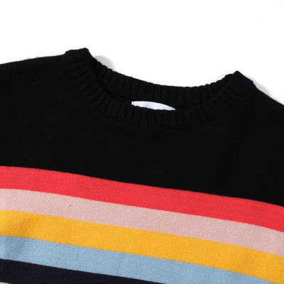 OXKNIT Men Vintage Clothing 1960s Mod Style Casual Rainbow Striped Chest Print Black Retro Sweater