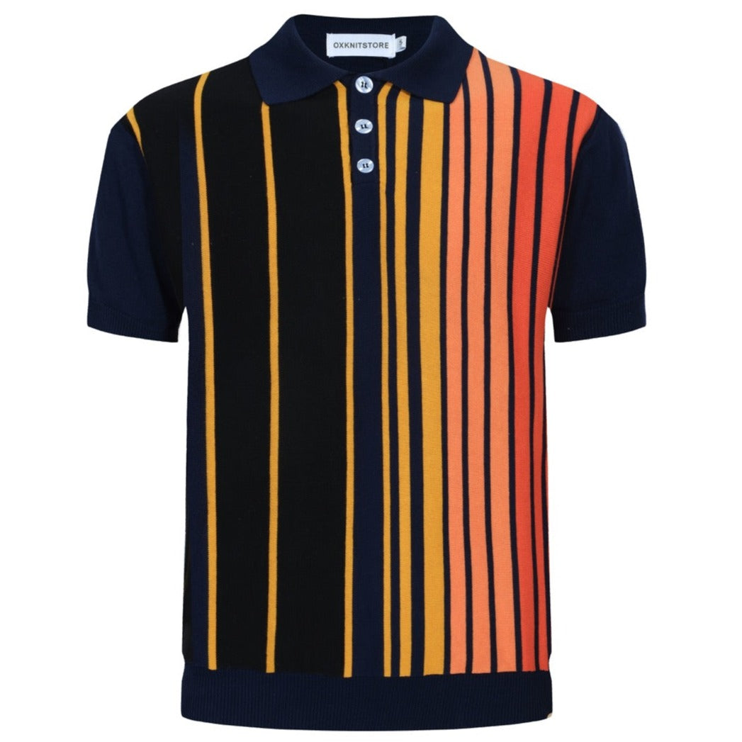 OXKNIT Men Vintage Clothing 1960s Mod Style Casual Rainbow Vertical stripes Black Polo Knitted Retro Wear