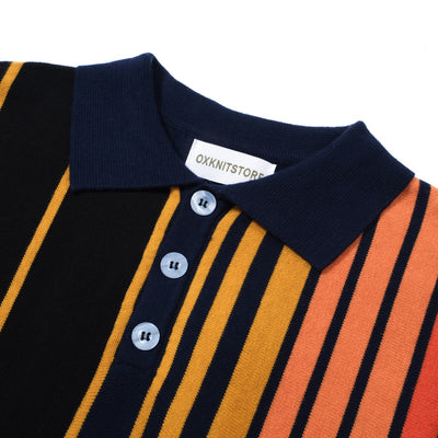 OXKNIT Men Vintage Clothing 1960s Mod Style Casual Rainbow Vertical stripes Black Polo Knitted Retro Wear