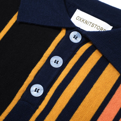 OXKNIT Men Vintage Clothing 1960s Mod Style Casual Rainbow Vertical stripes Black Polo Knitted Retro Wear