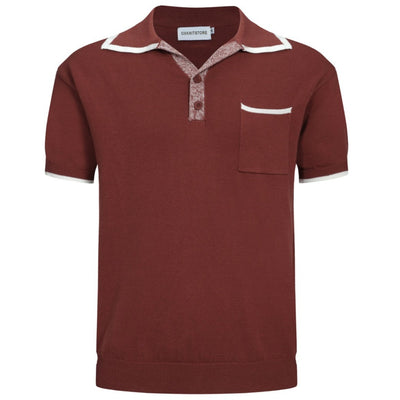 OXKNIT Men Vintage Clothing 1960s Mod Style Casual Red Brown Knitted Retro Polo Single Pocket