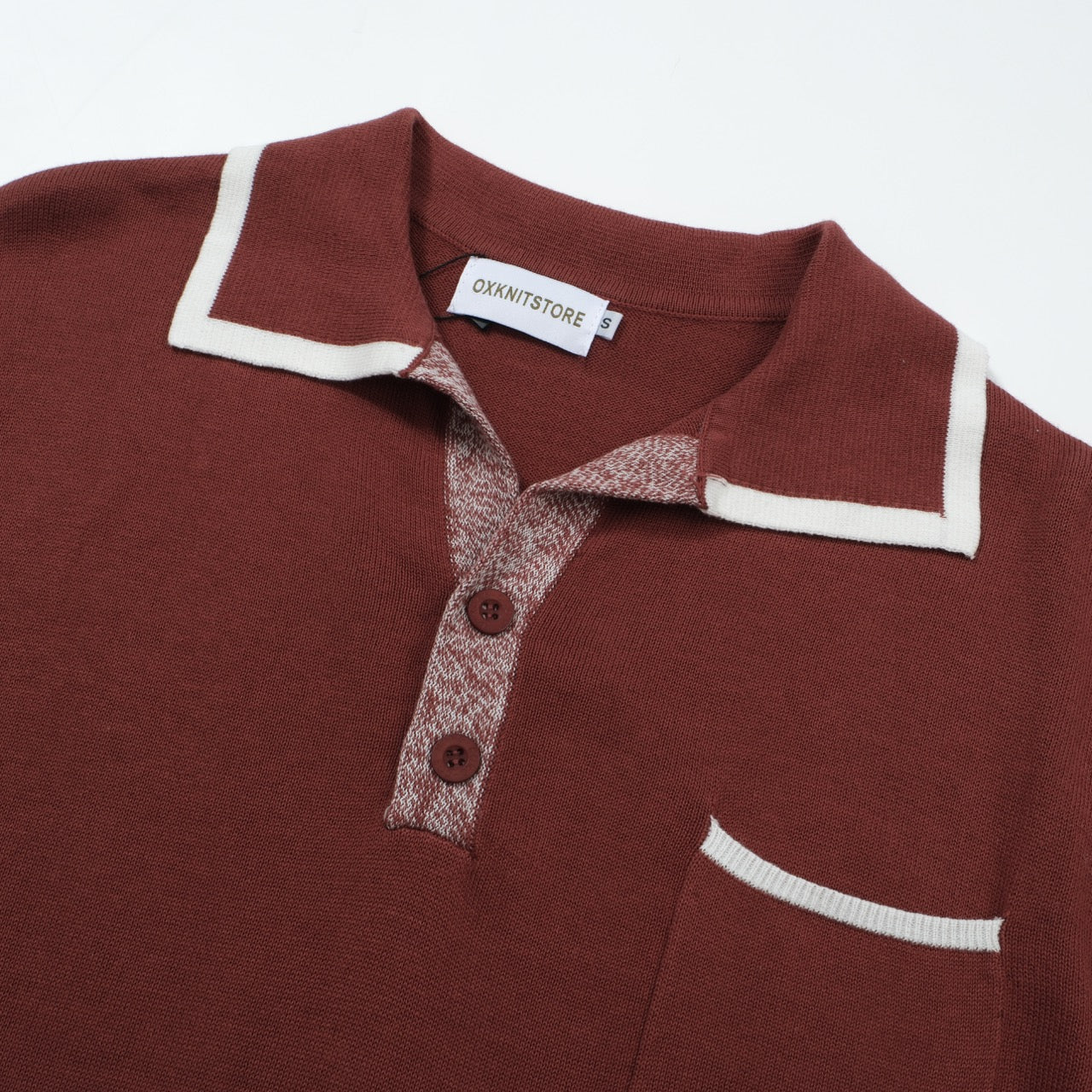 OXKNIT Men Vintage Clothing 1960s Mod Style Casual Red Brown Knitted Retro Polo Single Pocket