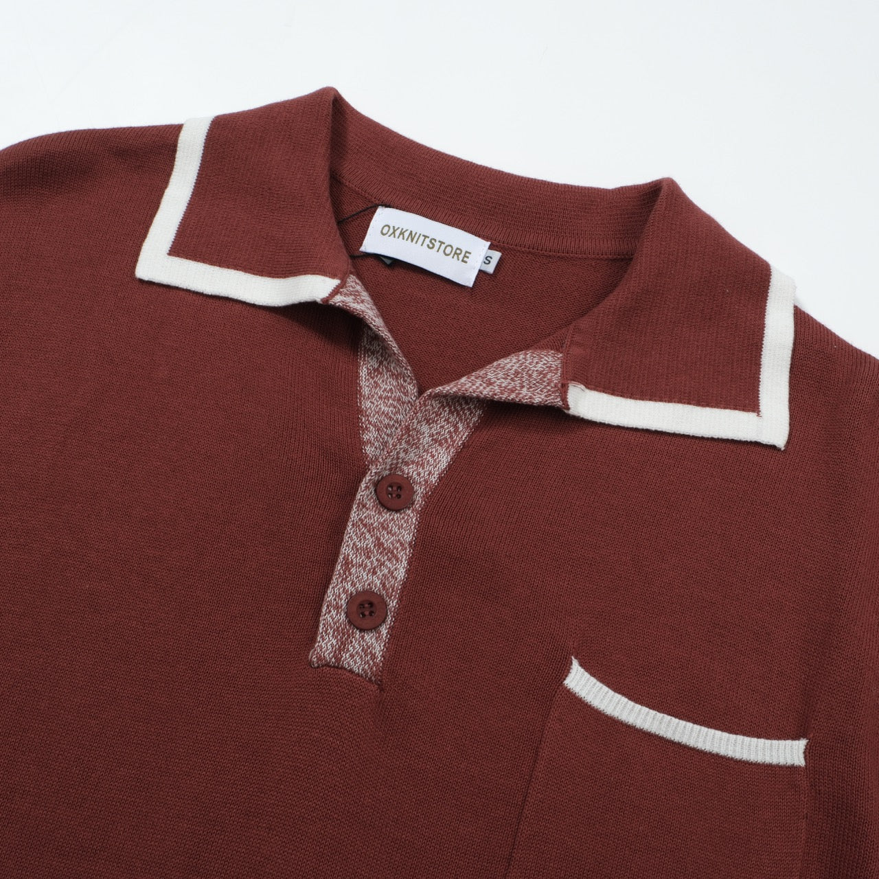 OXKNIT Men Vintage Clothing 1960s Mod Style Casual Red Brown Knitted Retro Polo Single Pocket