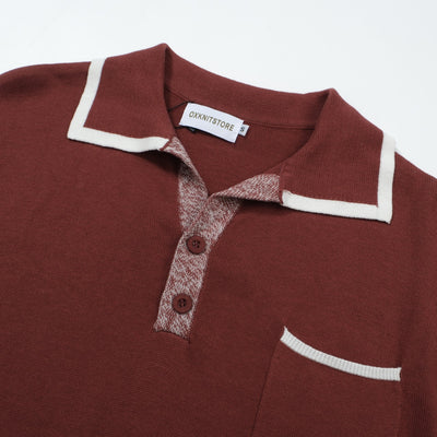 OXKNIT Men Vintage Clothing 1960s Mod Style Casual Red Brown Knitted Retro Polo Single Pocket