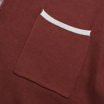 OXKNIT Men Vintage Clothing 1960s Mod Style Casual Red Brown Knitted Retro Polo Single Pocket