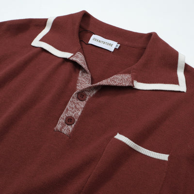 OXKNIT Men Vintage Clothing 1960s Mod Style Casual Red Brown Knitted Retro Polo Single Pocket