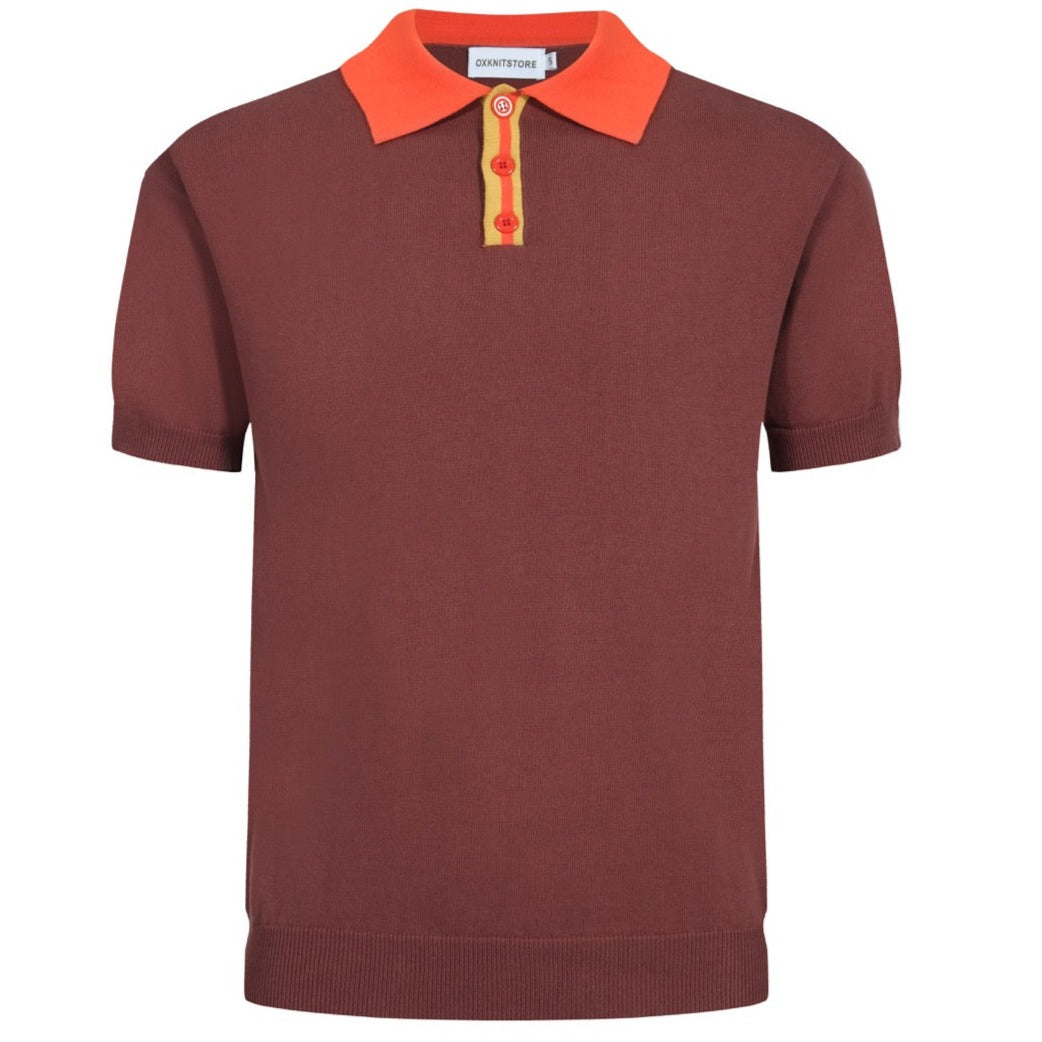 OXKNIT Men Vintage Clothing 1960s Mod Style Casual Red Knitted Dark Brown Knit Retro Polo
