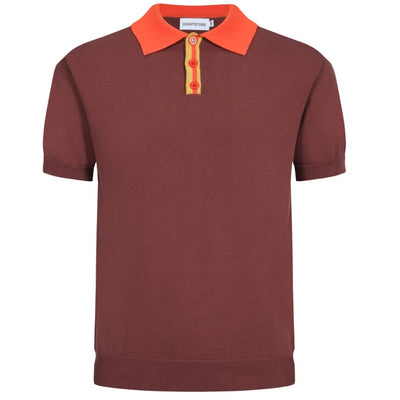 OXKNIT Men Vintage Clothing 1960s Mod Style Casual Red Knitted Dark Brown Knit Retro Polo