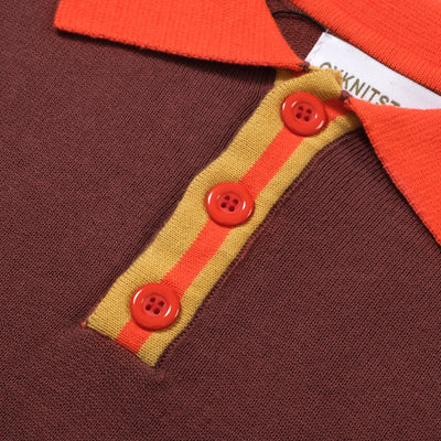 OXKNIT Men Vintage Clothing 1960s Mod Style Casual Red Knitted Dark Brown Knit Retro Polo