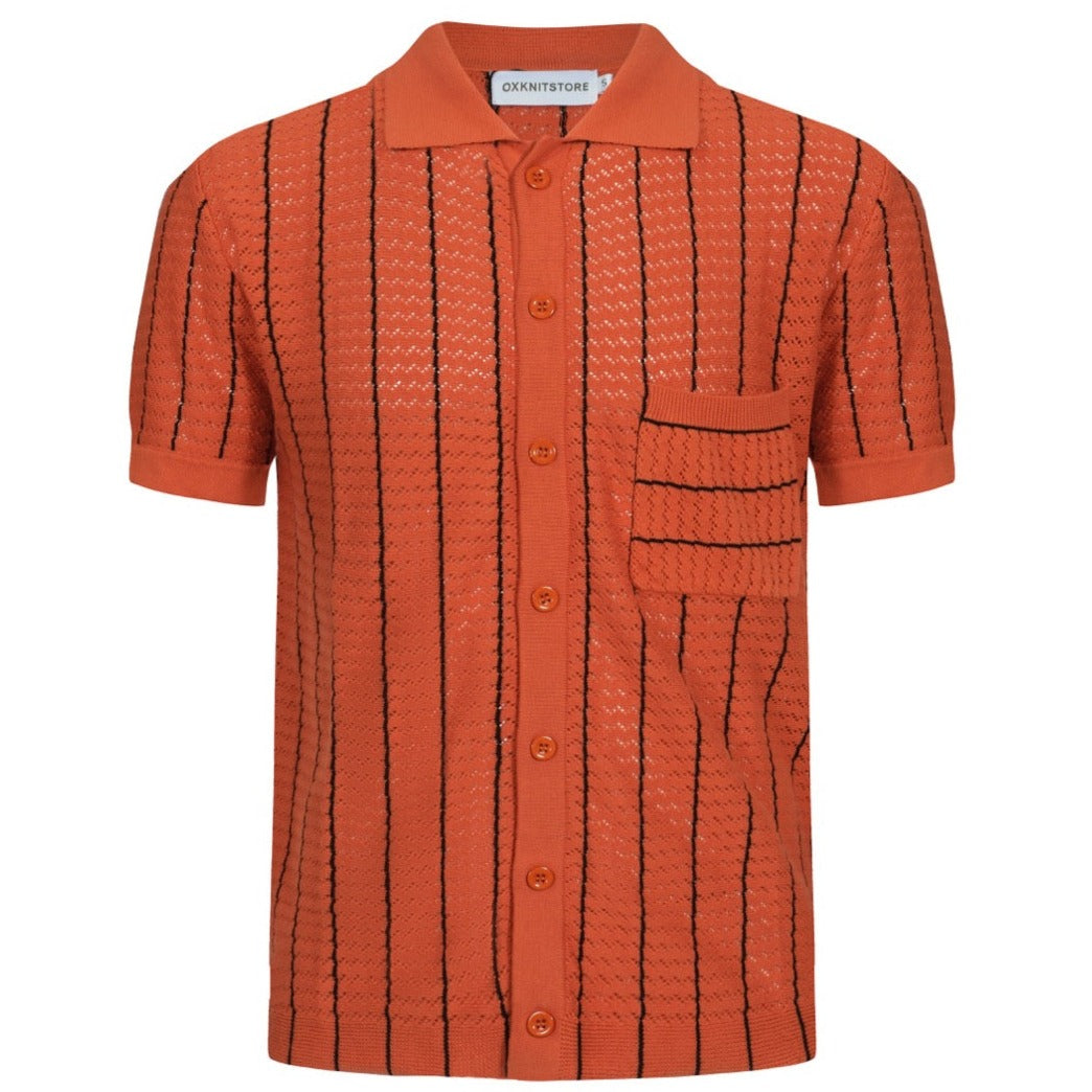 OXKNIT Men Vintage Clothing 1960s Mod Style Casual Resort Shirt Orange Knitted With Pocket Retro Polo
