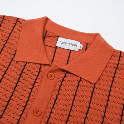 OXKNIT Men Vintage Clothing 1960s Mod Style Casual Resort Shirt Orange Knitted With Pocket Retro Polo