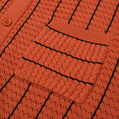 OXKNIT Men Vintage Clothing 1960s Mod Style Casual Resort Shirt Orange Knitted With Pocket Retro Polo