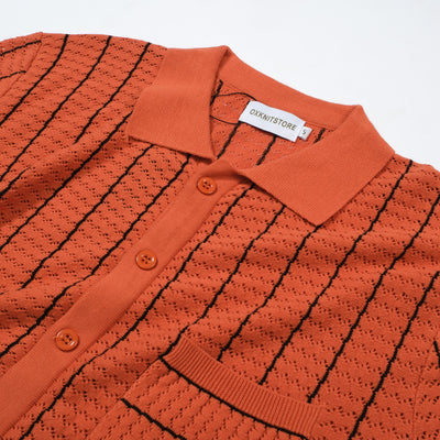 OXKNIT Men Vintage Clothing 1960s Mod Style Casual Resort Shirt Orange Knitted With Pocket Retro Polo
