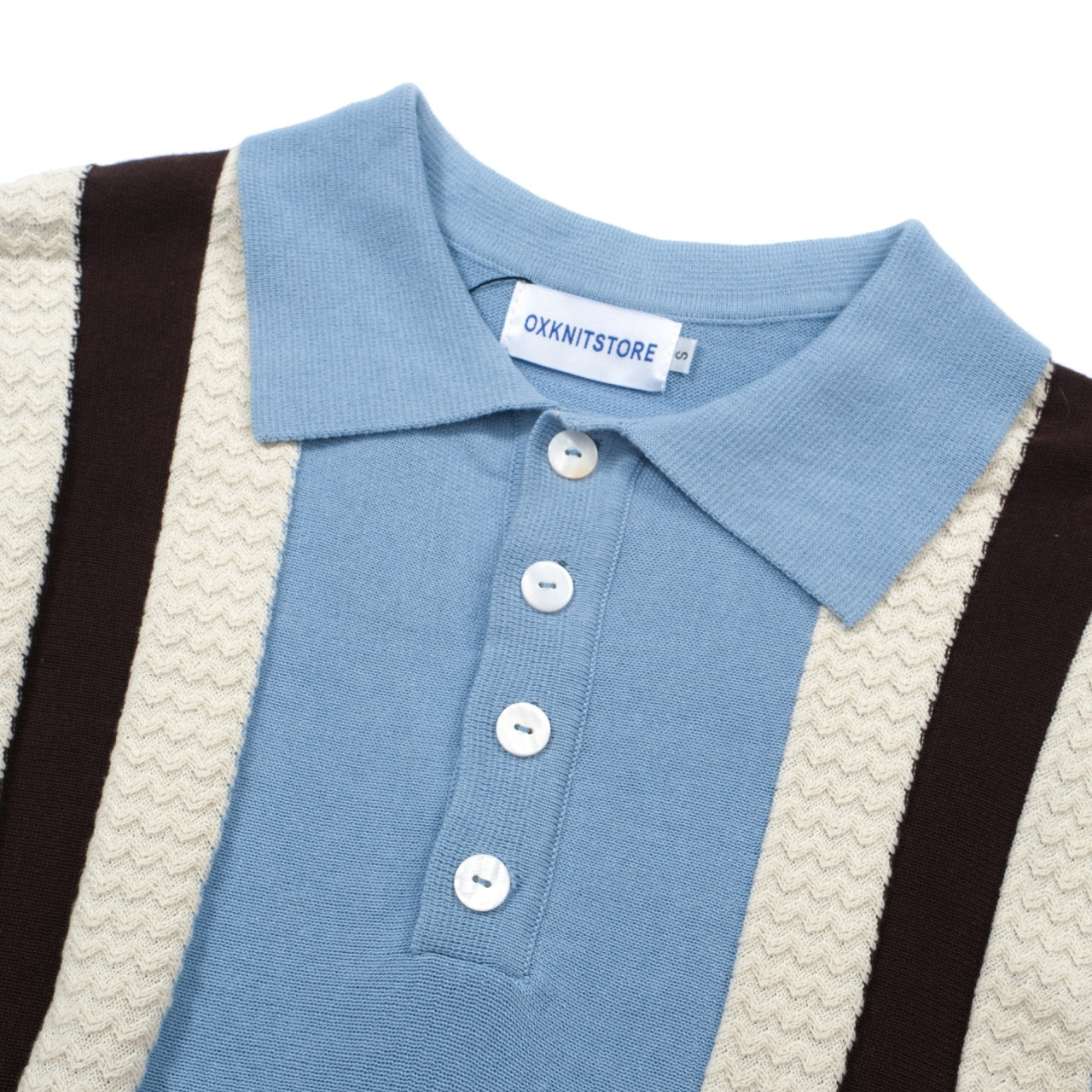 Men's Stripe Blue Knit Polo With White Jacquard Panel