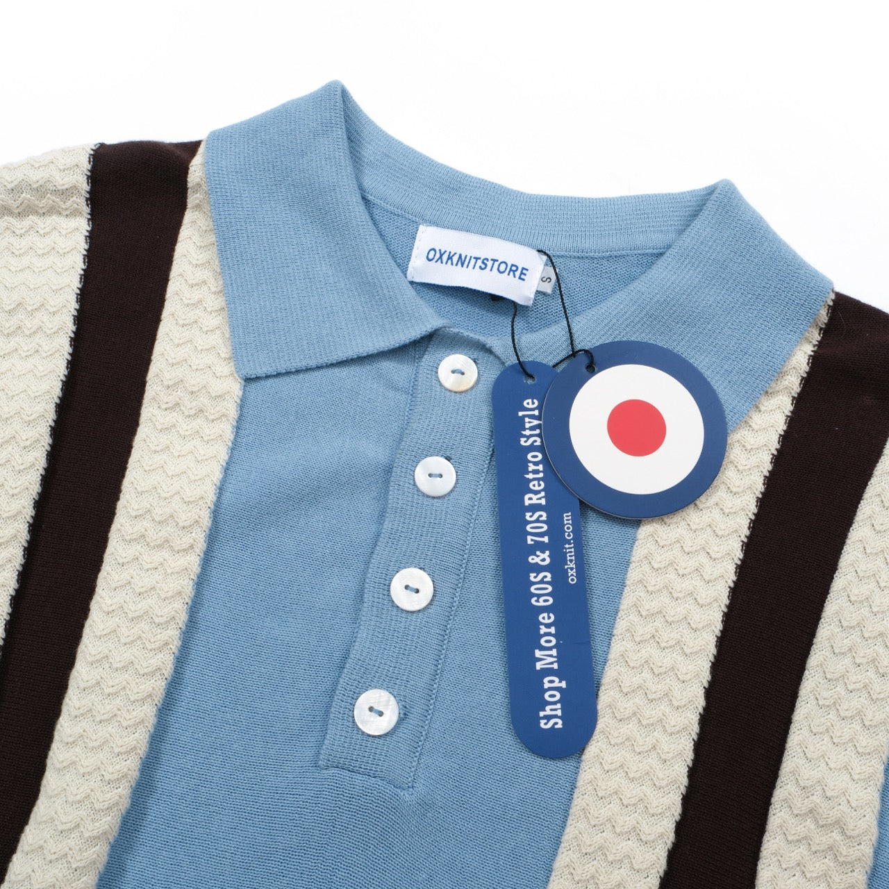 Style Mod – Polo 1960s Casual Blue Knit OXKnit OXKNIT Men Vintage Clothing Stripe Retro