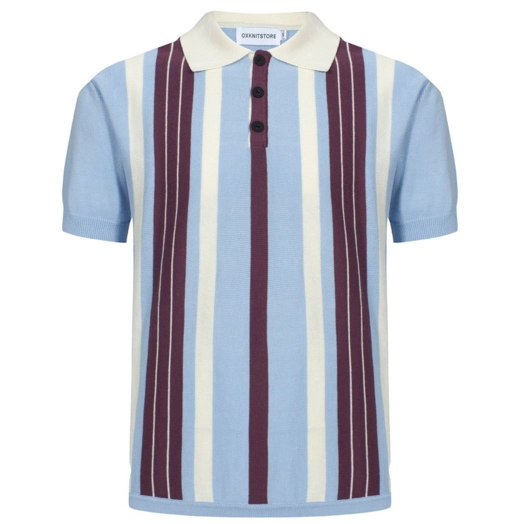 OXKNIT Men Vintage Clothing 1960s Mod Style Casual Stripe Blue Knitted Retro Polo Shirt