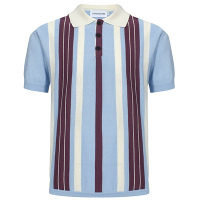 OXKNIT Men Vintage Clothing 1960s Mod Style Casual Stripe Blue Knitted Retro Polo Shirt