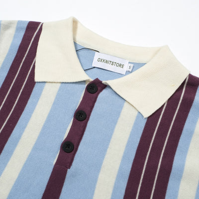 OXKNIT Men Vintage Clothing 1960s Mod Style Casual Stripe Blue Knitted Retro Polo Shirt