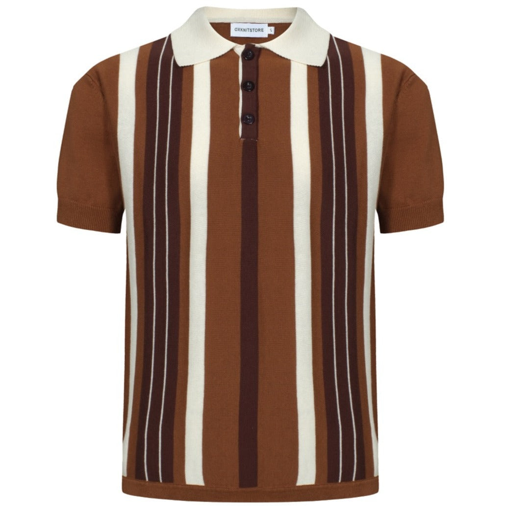 OXKNIT Men Vintage Clothing 1960s Mod Style Casual Stripe Brown Knitted Retro Polo Shirt