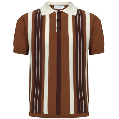 OXKNIT Men Vintage Clothing 1960s Mod Style Casual Stripe Brown Knitted Retro Polo Shirt