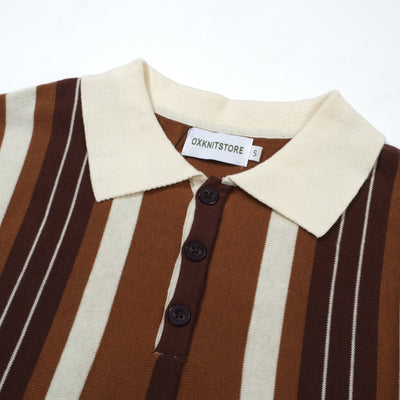 OXKNIT Men Vintage Clothing 1960s Mod Style Casual Stripe Brown Knitted Retro Polo Shirt