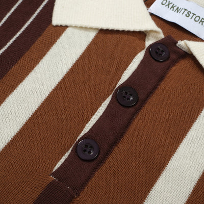 OXKNIT Men Vintage Clothing 1960s Mod Style Casual Stripe Brown Knitted Retro Polo Shirt