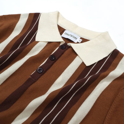 OXKNIT Men Vintage Clothing 1960s Mod Style Casual Stripe Brown Knitted Retro Polo Shirt