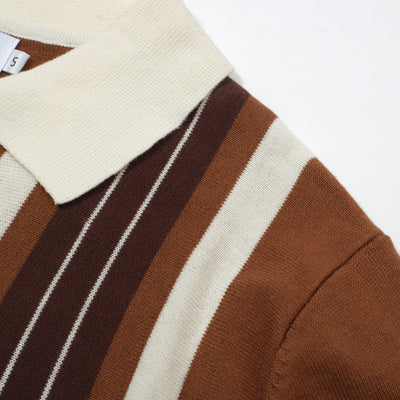 OXKNIT Men Vintage Clothing 1960s Mod Style Casual Stripe Brown Knitted Retro Polo Shirt