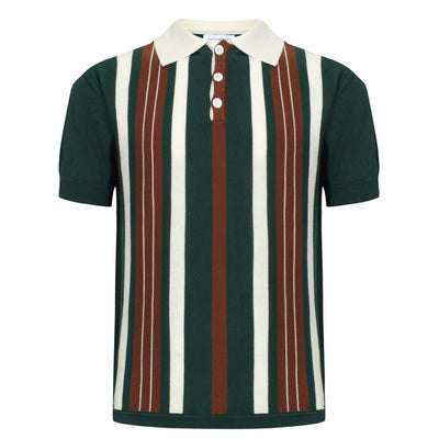OXKNIT Men Vintage Clothing 1960s Mod Style Casual Stripe Green &Brown Knitted Retro Polo Shirt