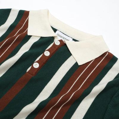OXKNIT Men Vintage Clothing 1960s Mod Style Casual Stripe Green &Brown Knitted Retro Polo Shirt
