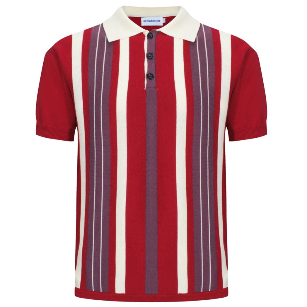 OXKNIT Men Vintage Clothing 1960s Mod Style Casual Stripe Wine Knitted Retro Polo Shirt