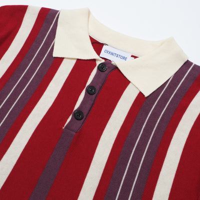 OXKNIT Men Vintage Clothing 1960s Mod Style Casual Stripe Wine Knitted Retro Polo Shirt