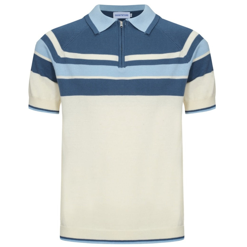 OXKNIT Men Vintage Clothing 1960s Mod Style Casual Stripe Zip Neck Blue Retro Polo Shirt