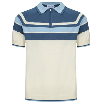 OXKNIT Men Vintage Clothing 1960s Mod Style Casual Stripe Zip Neck Blue Retro Polo Shirt