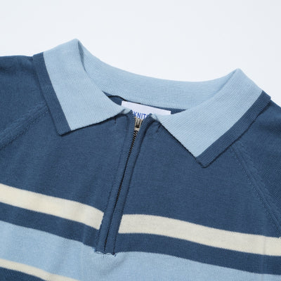 OXKNIT Men Vintage Clothing 1960s Mod Style Casual Stripe Zip Neck Blue Retro Polo Shirt