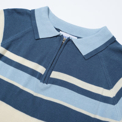OXKNIT Men Vintage Clothing 1960s Mod Style Casual Stripe Zip Neck Blue Retro Polo Shirt