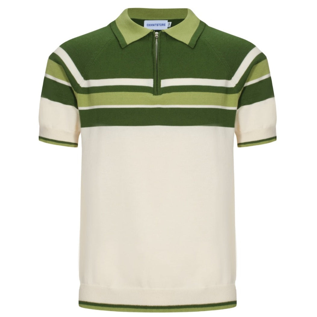 OXKNIT Men Vintage Clothing 1960s Mod Style Casual Stripe Zip Neck Green Retro Polo Shirt