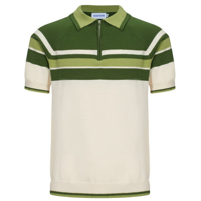OXKNIT Men Vintage Clothing 1960s Mod Style Casual Stripe Zip Neck Green Retro Polo Shirt