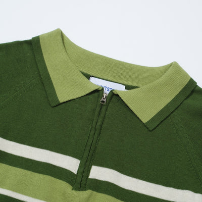 OXKNIT Men Vintage Clothing 1960s Mod Style Casual Stripe Zip Neck Green Retro Polo Shirt