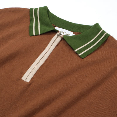 OXKNIT Men Vintage Clothing 1960s Mod Style Casual Style Brown Knit Retro Polo