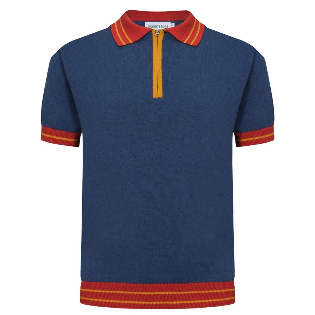 OXKNIT Men Vintage Clothing 1960s Mod Style Casual Style Dark Blue Knit Retro Polo