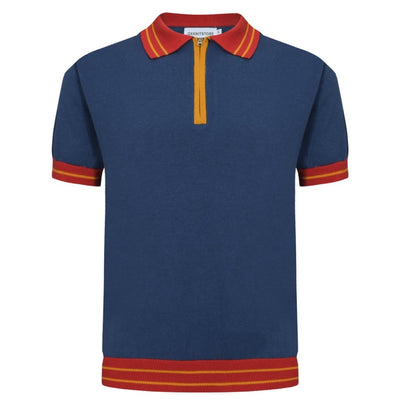 OXKNIT Men Vintage Clothing 1960s Mod Style Casual Style Dark Blue Knit Retro Polo