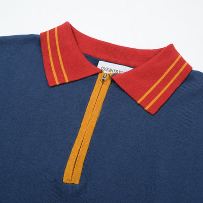 OXKNIT Men Vintage Clothing 1960s Mod Style Casual Style Dark Blue Knit Retro Polo