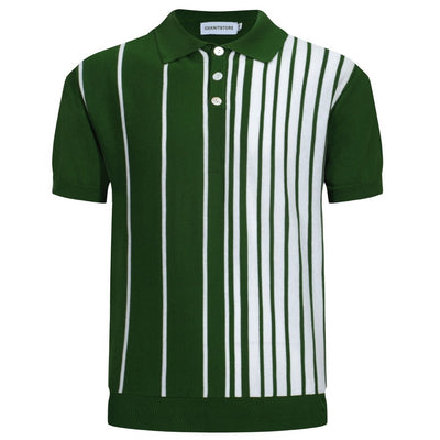 OXKNIT Men Vintage Clothing 1960s Mod Style Casual Vertical stripes Dark Green Polo Knitted Retro Wear