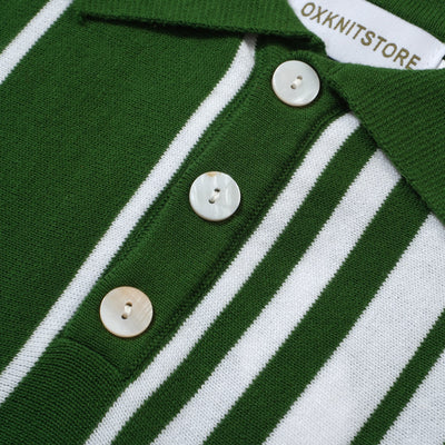 OXKNIT Men Vintage Clothing 1960s Mod Style Casual Vertical stripes Dark Green Polo Knitted Retro Wear