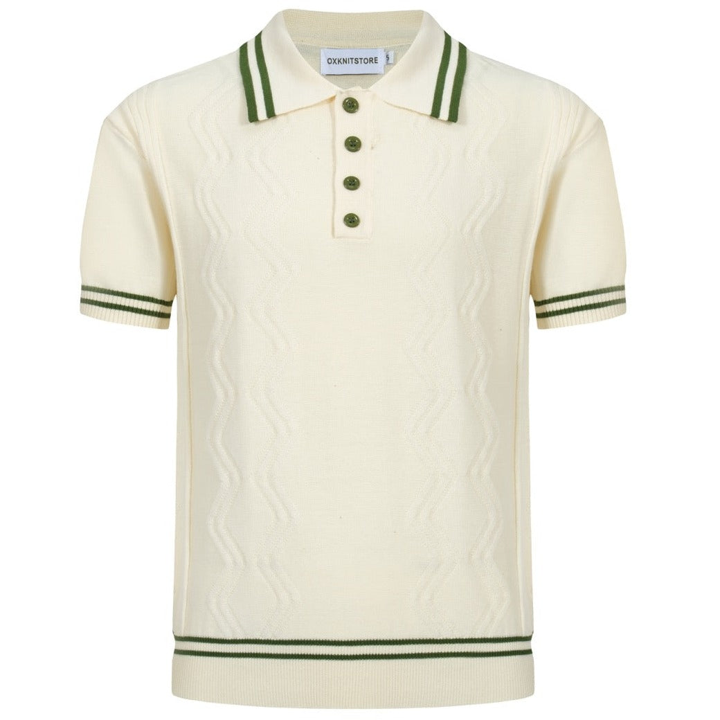 Men's Cream Knit Polo with Green Trim | 60s Vintage Mod Shirt – OXKnit