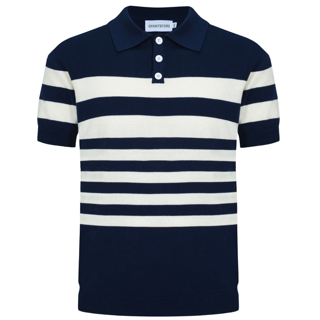 OXKNIT Men Vintage Clothing 1960s Mod Style Casual White Striped Navy Blue Polo Knitted Retro Top
